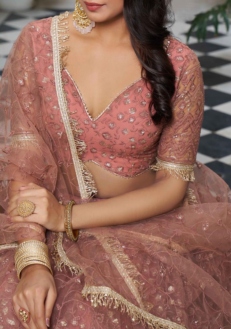 Rust Thread Sequin Embroidered Net Lehenga