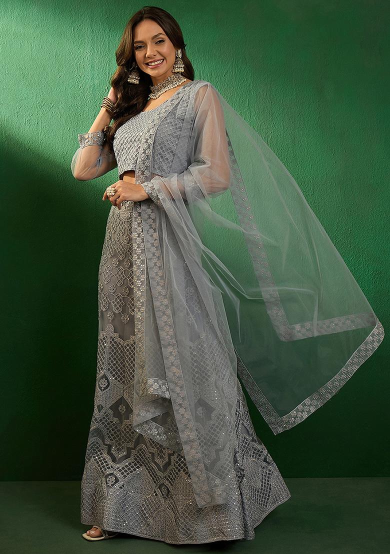 Grey Sequin Embroidered Net Lehenga Set