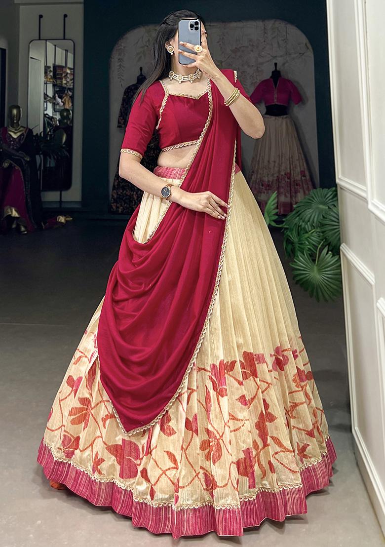 Pink Printed Vichitra Silk Lehenga Set