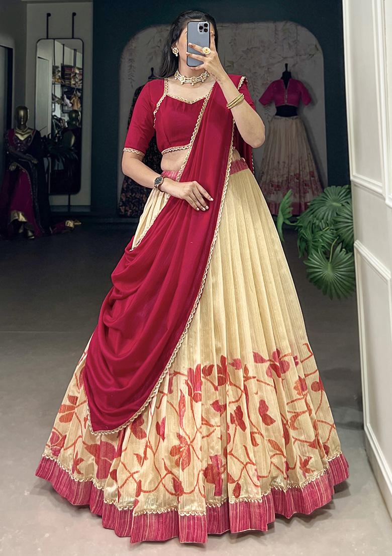 Pink Printed Vichitra Silk Lehenga Set