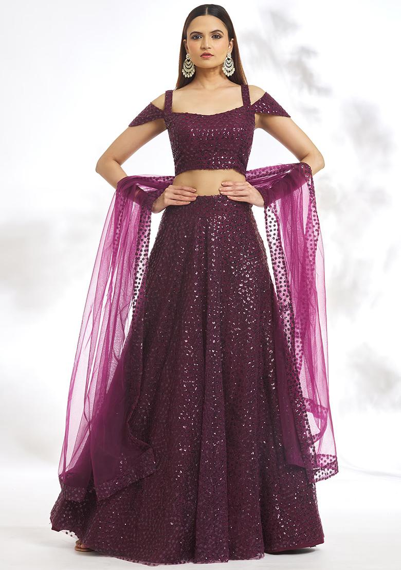 Purple Sequin Embroidered Chinon Silk Lehenga Set