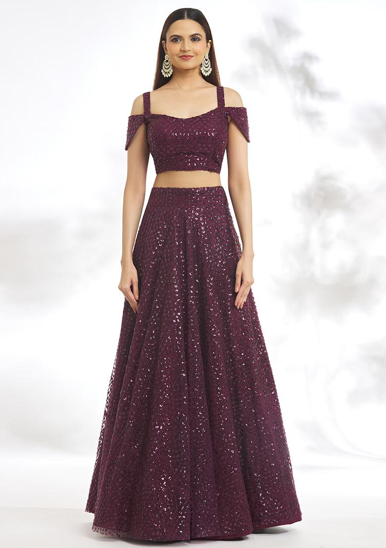 Purple Sequin Embroidered Chinon Silk Lehenga Set