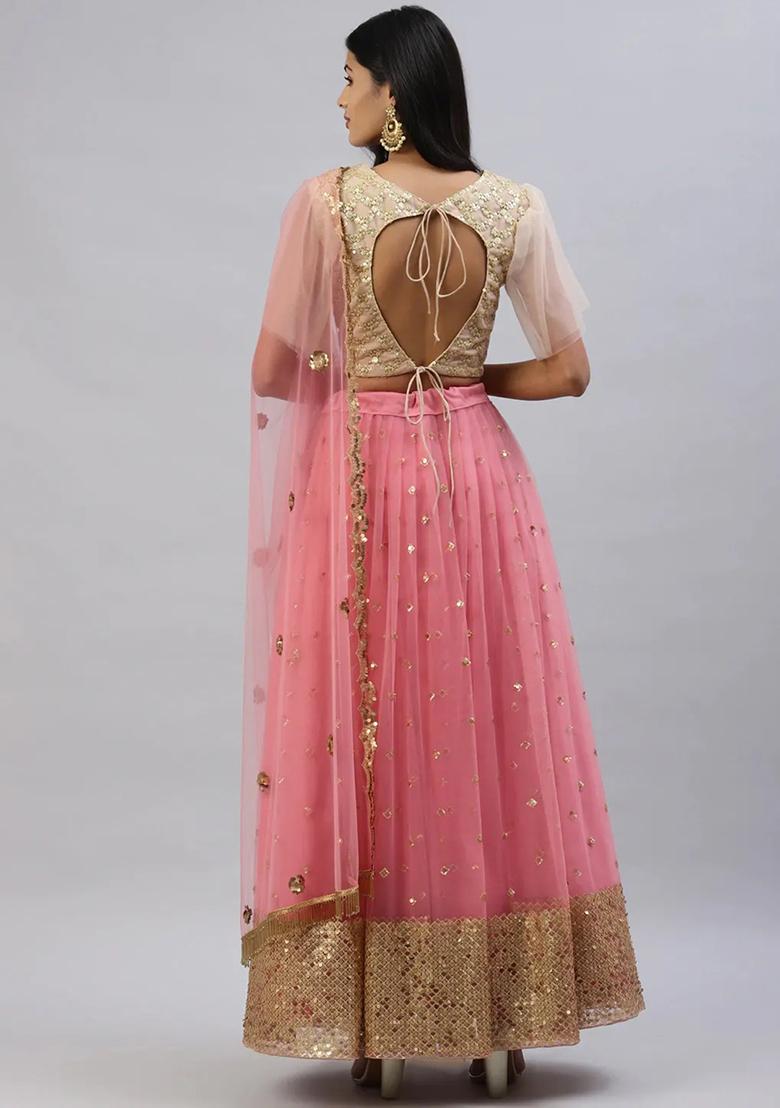 Pink Embroidered Net Lehenga Set