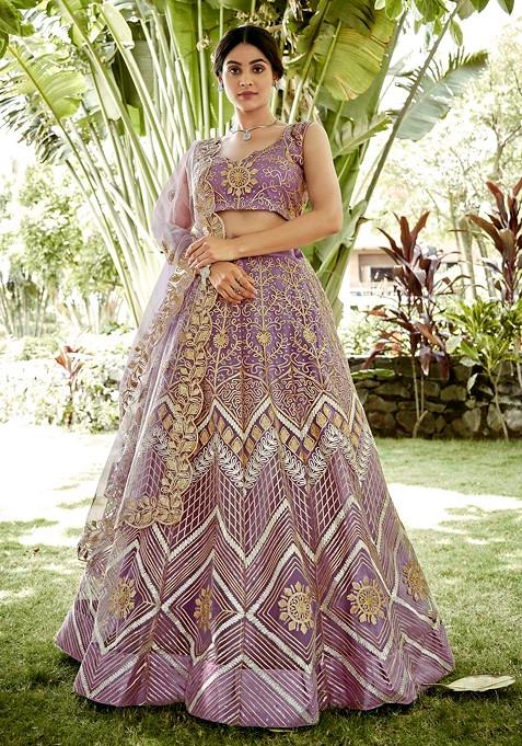 Lavender Ribbon Work Net Lehenga Set