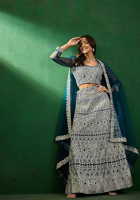 Green Sequin Embroidered Lehenga With Blouse And Dupatta