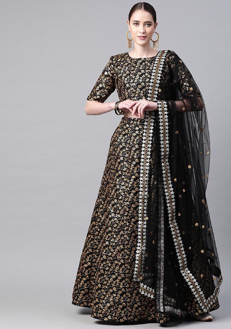 Black Thread Embroidered Raw Silk Lehenga Set