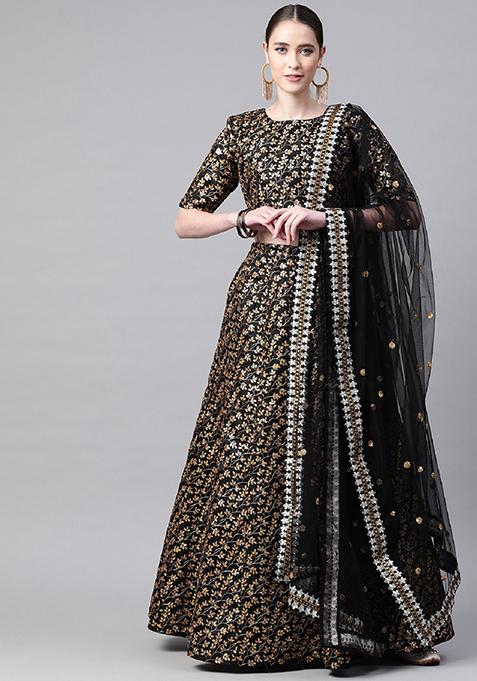 Black Thread Embroidered Raw Silk Lehenga Set