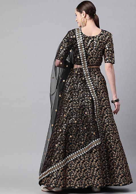 Black Thread Embroidered Raw Silk Lehenga Set
