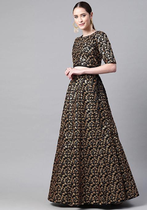 Black Thread Embroidered Raw Silk Lehenga Set