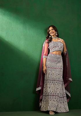 Purple Sequin Embroidered Lehenga With Blouse And Dupatta