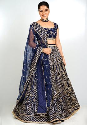 Blue Embroidered Malai Satin Silk Lehenga Set
