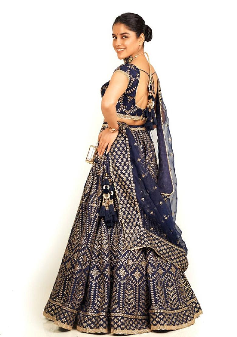 Blue Embroidered Malai Satin Silk Lehenga Set