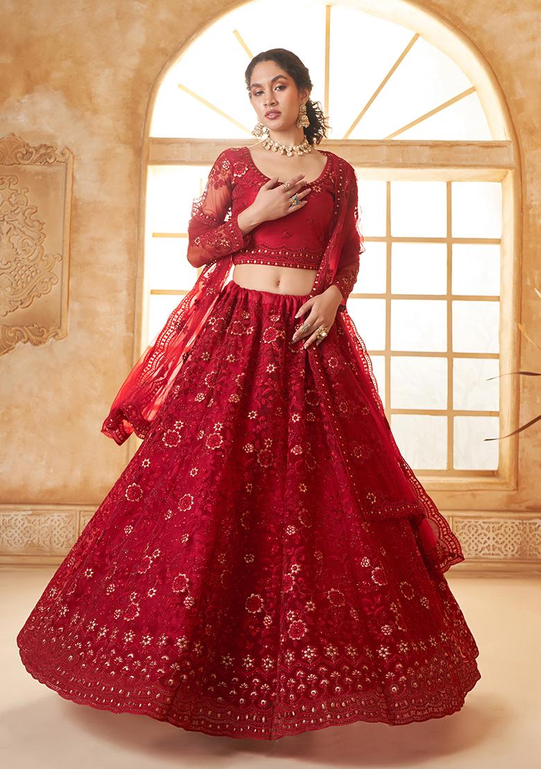 Red Thread Embroidered Net Lehenga Set