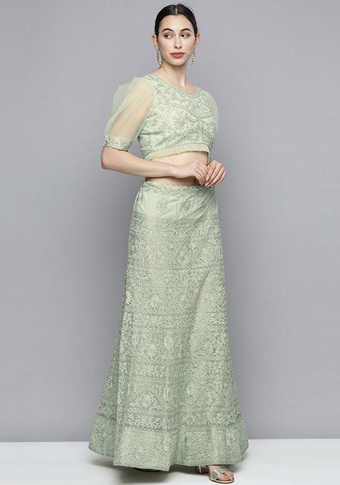 Green Embroidered Lehenga Set With Dupatta