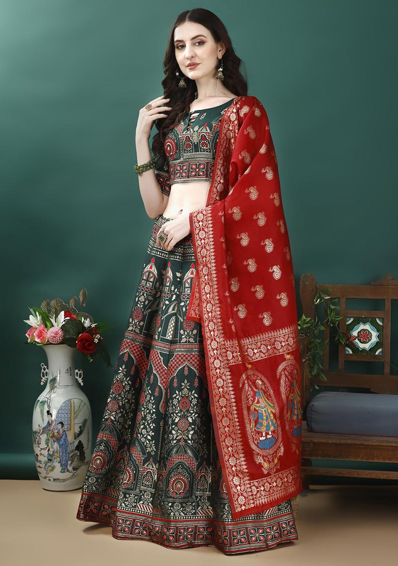 Dark Green Embroidered Soft Silk Jacquard Lehenga Set