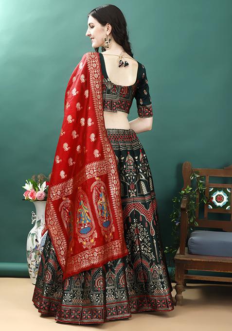 Dark Green Embroidered Soft Silk Jacquard Lehenga Set