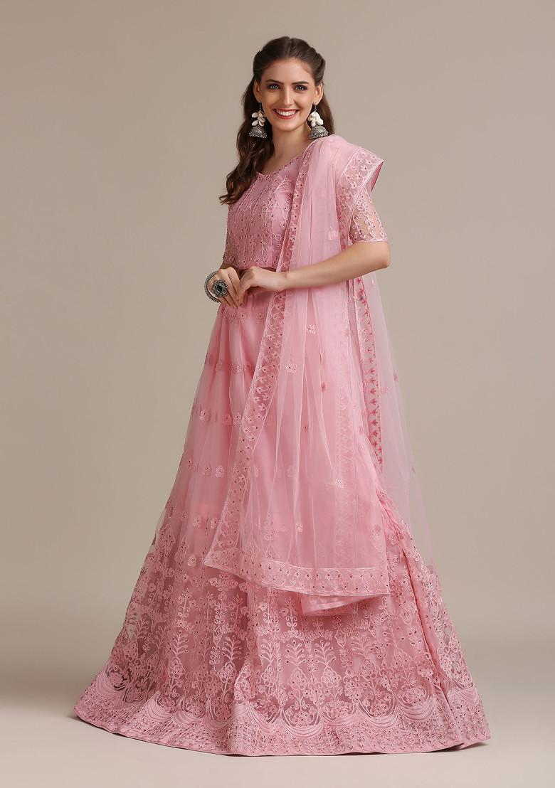 Light Pink Embroidered Heavy Net Lehenga Set