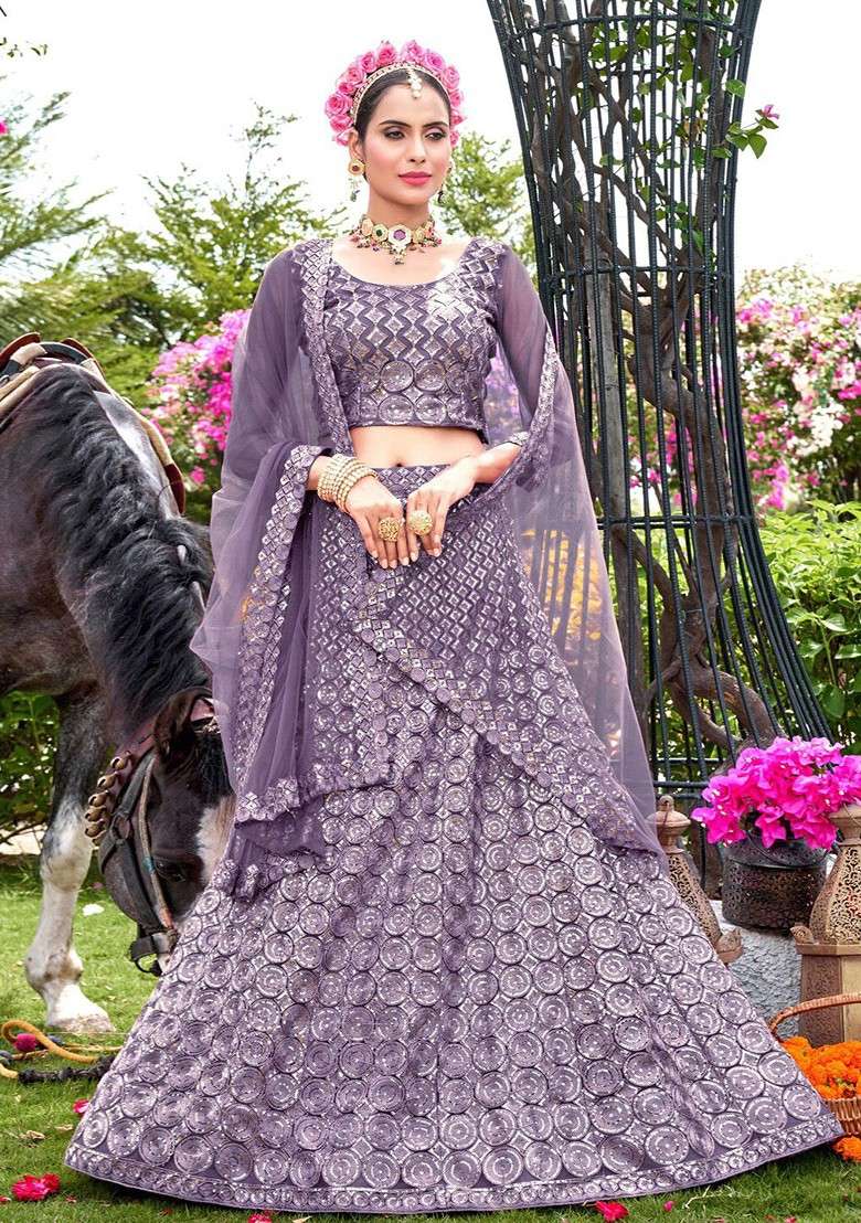 Purple Ethnic Motifs Sequin Embroidered Lehenga Set With Dupatta - Indya