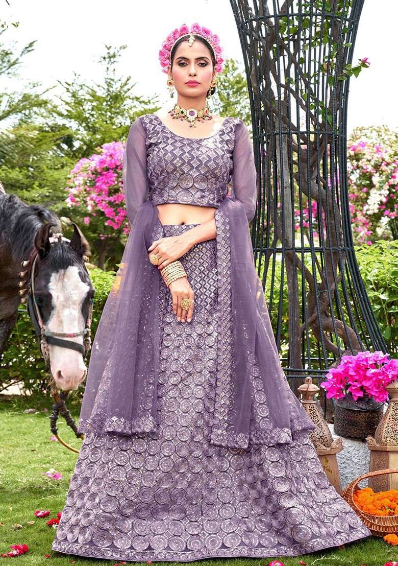 Purple Ethnic Motifs Sequin Embroidered Lehenga Set With Dupatta - Indya