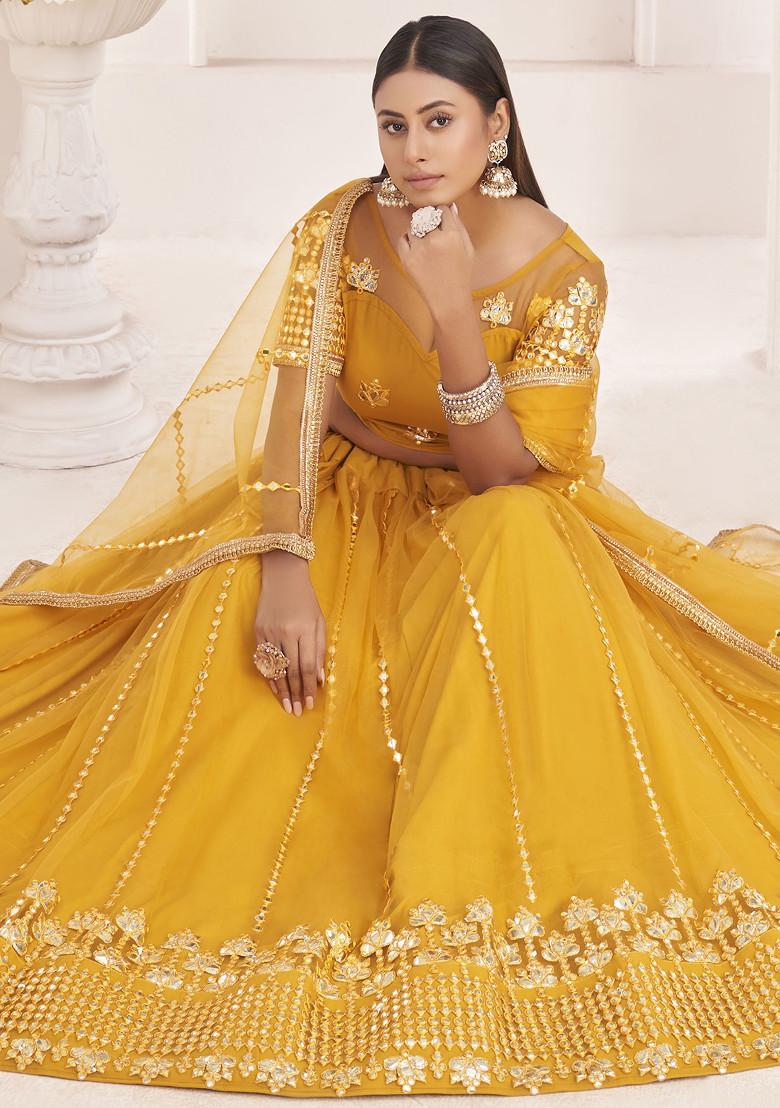 Mustard Thread Embroidered Net Lehenga