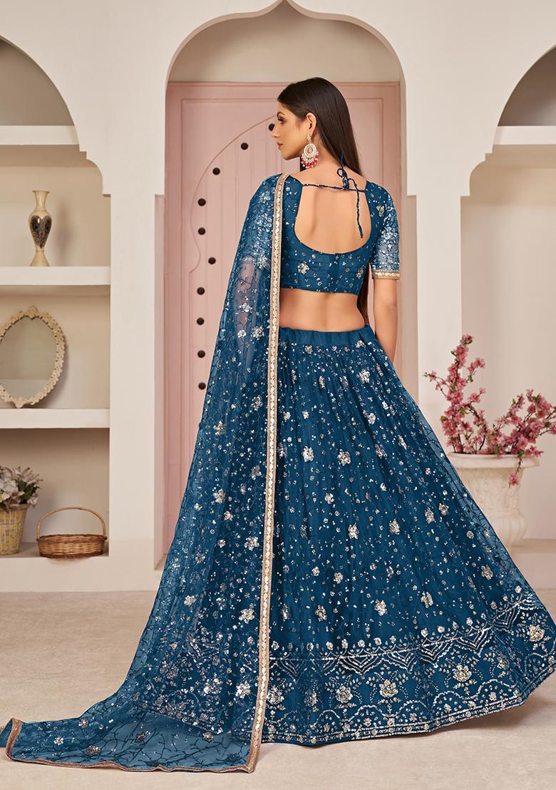 Blue Embroidered Net Lehenga Set