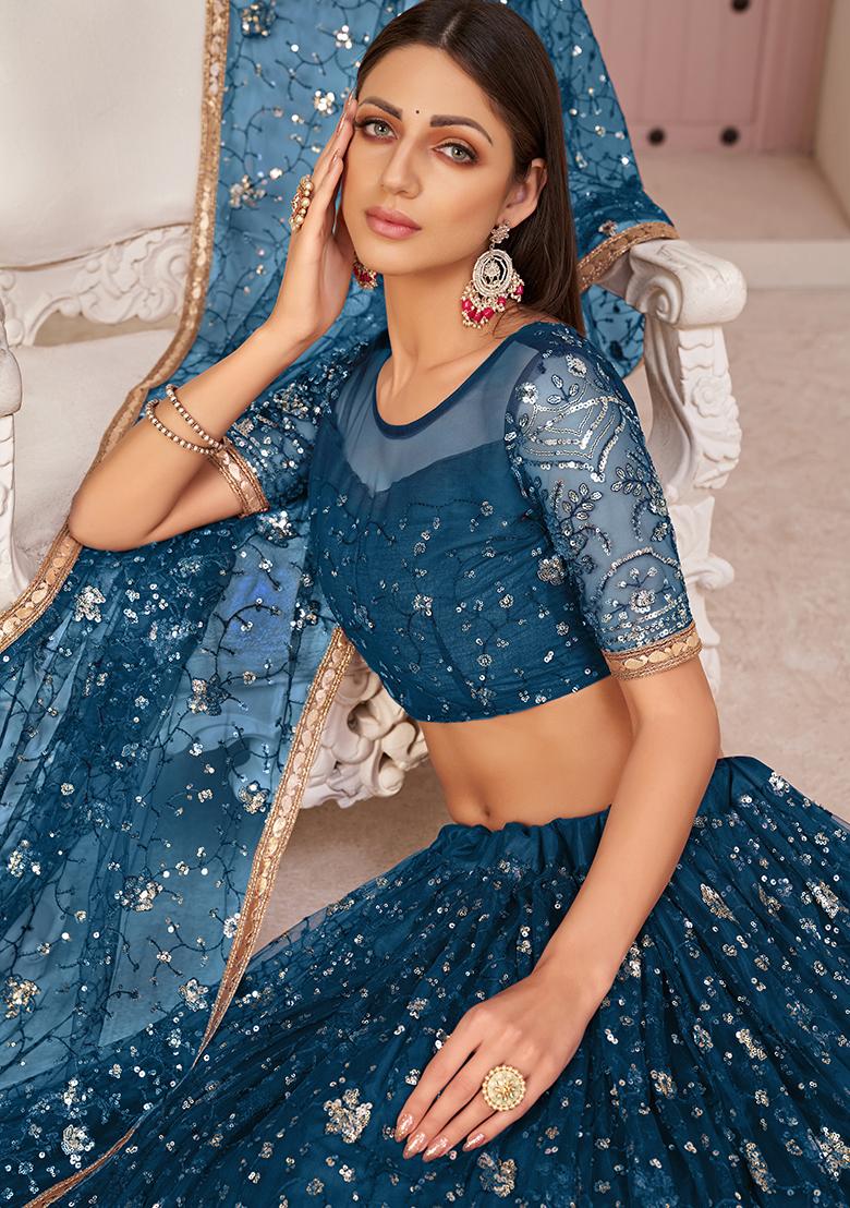 Blue Embroidered Net Lehenga Set