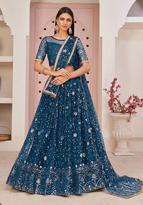 Blue Embroidered Net Lehenga Set — view on Indya