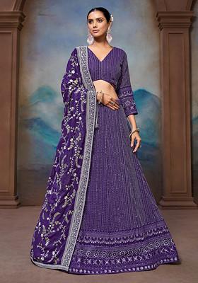 Purple Zari Sequin Embroidered Faux Georgette Lehenga Set