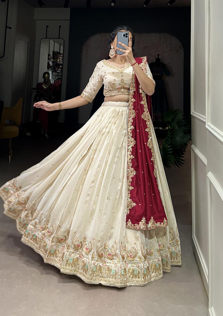 Off White Sequin Thread Embroidered Vichitra Silk Lehenga Set