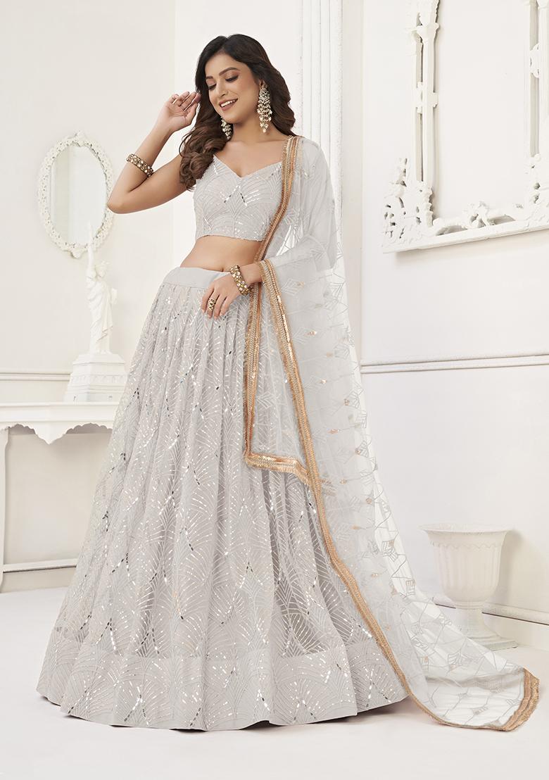 White Embroidered Net Lehenga Set
