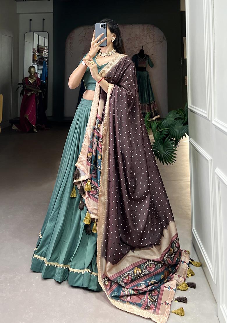 Sea Green Solid Chinon Silk Lehenga Set