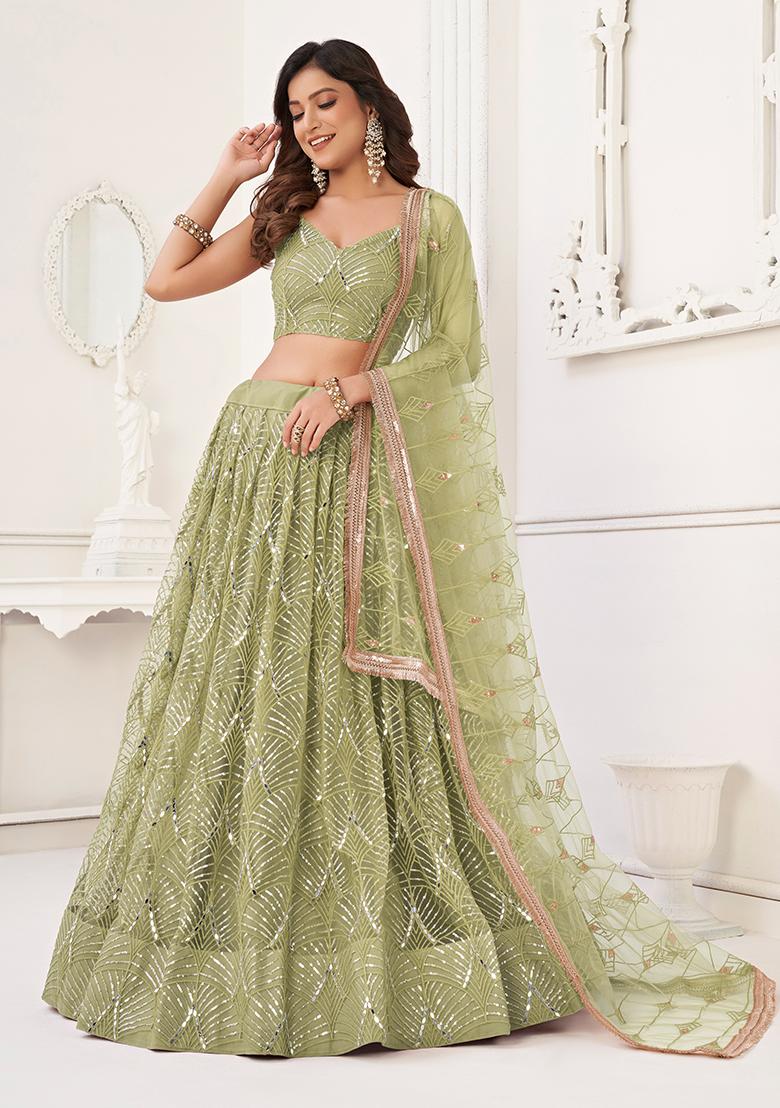 Pista Green Embroidered Net Lehenga Set