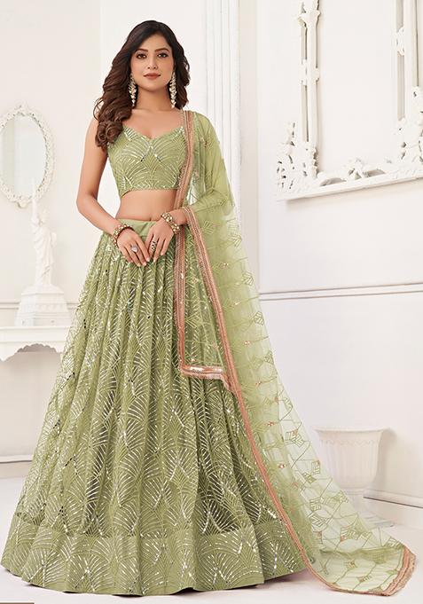 Pista Green Embroidered Net Lehenga Set — view on Indya