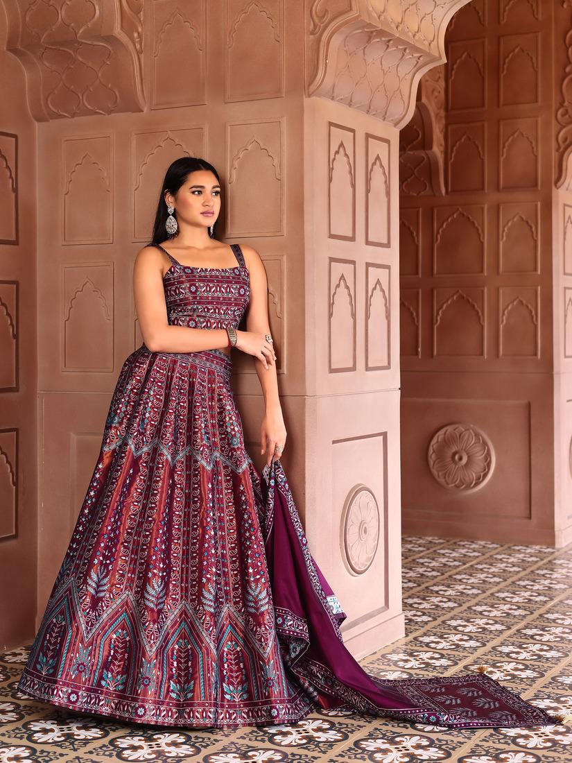 Maroon Zari Woven Silk Lehenga Set