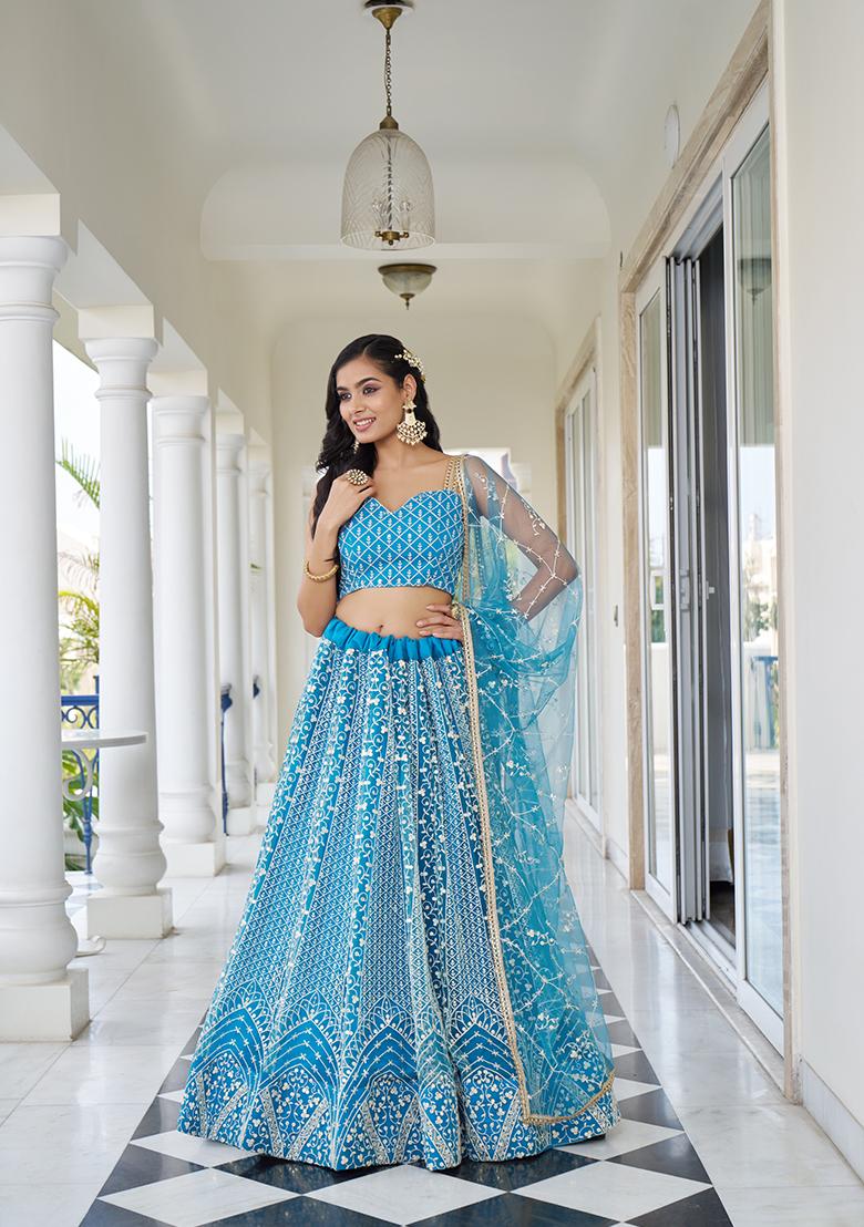 Sky Blue Embroidered Net Lehenga Set