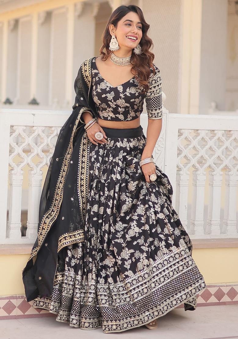 Black Embroidered Viscose Jacquard Lehenga Set