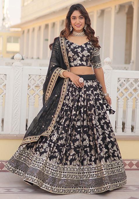 Black Embroidered Viscose Jacquard Lehenga Set