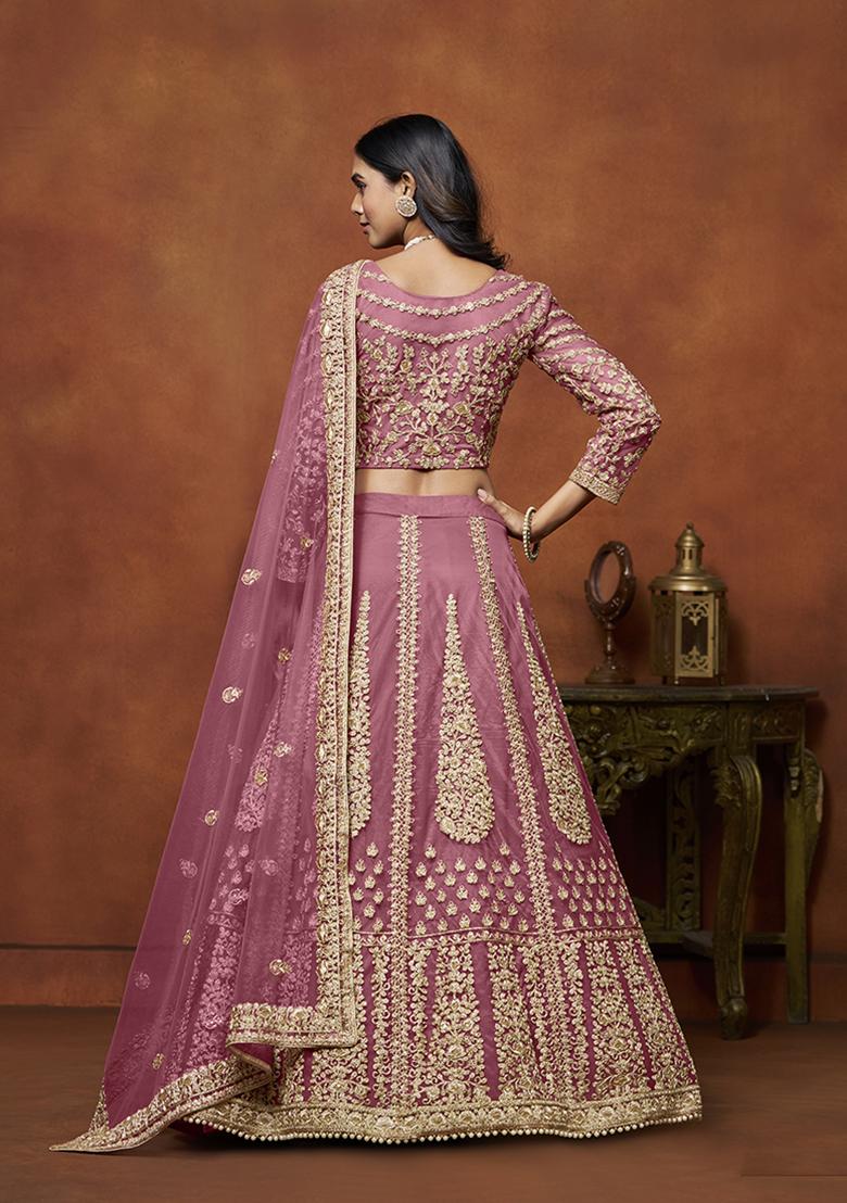Pink Embroidered Net Lehenga Set