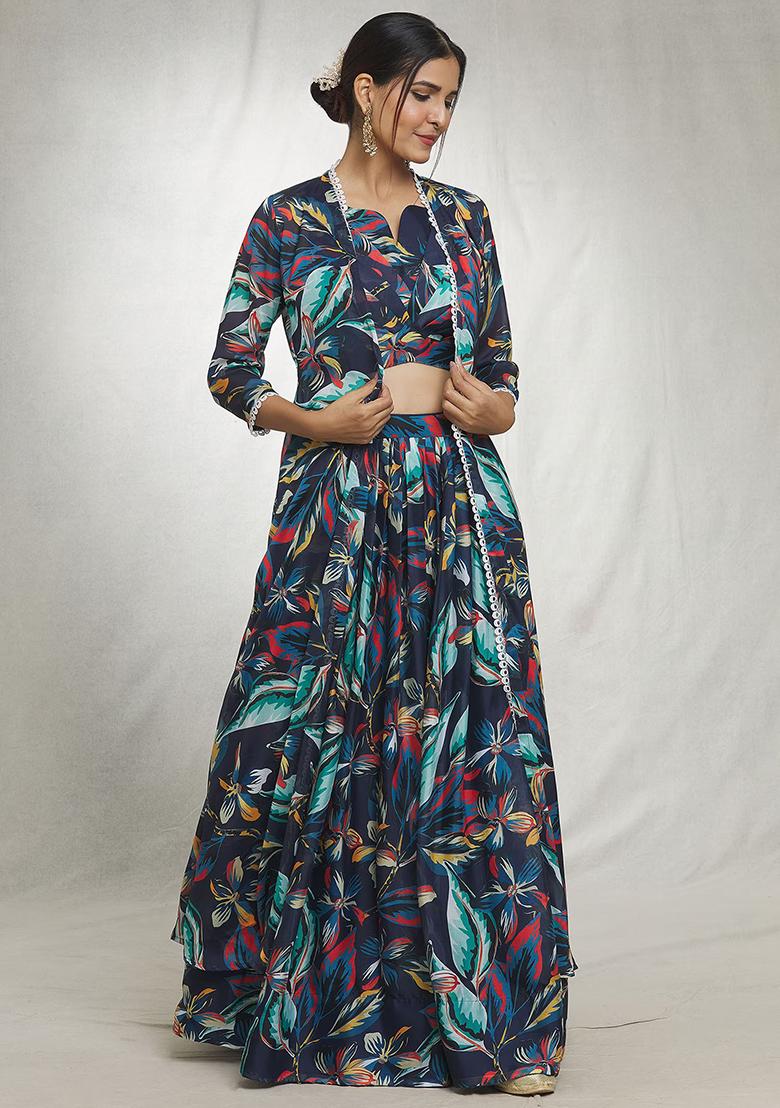 Blue Digital Print Sequin Embroidered Lehenga Set