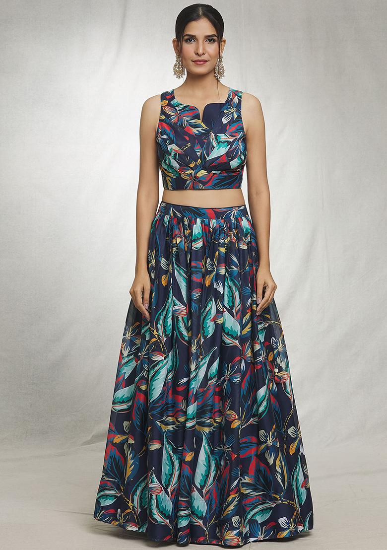 Blue Digital Print Sequin Embroidered Lehenga Set