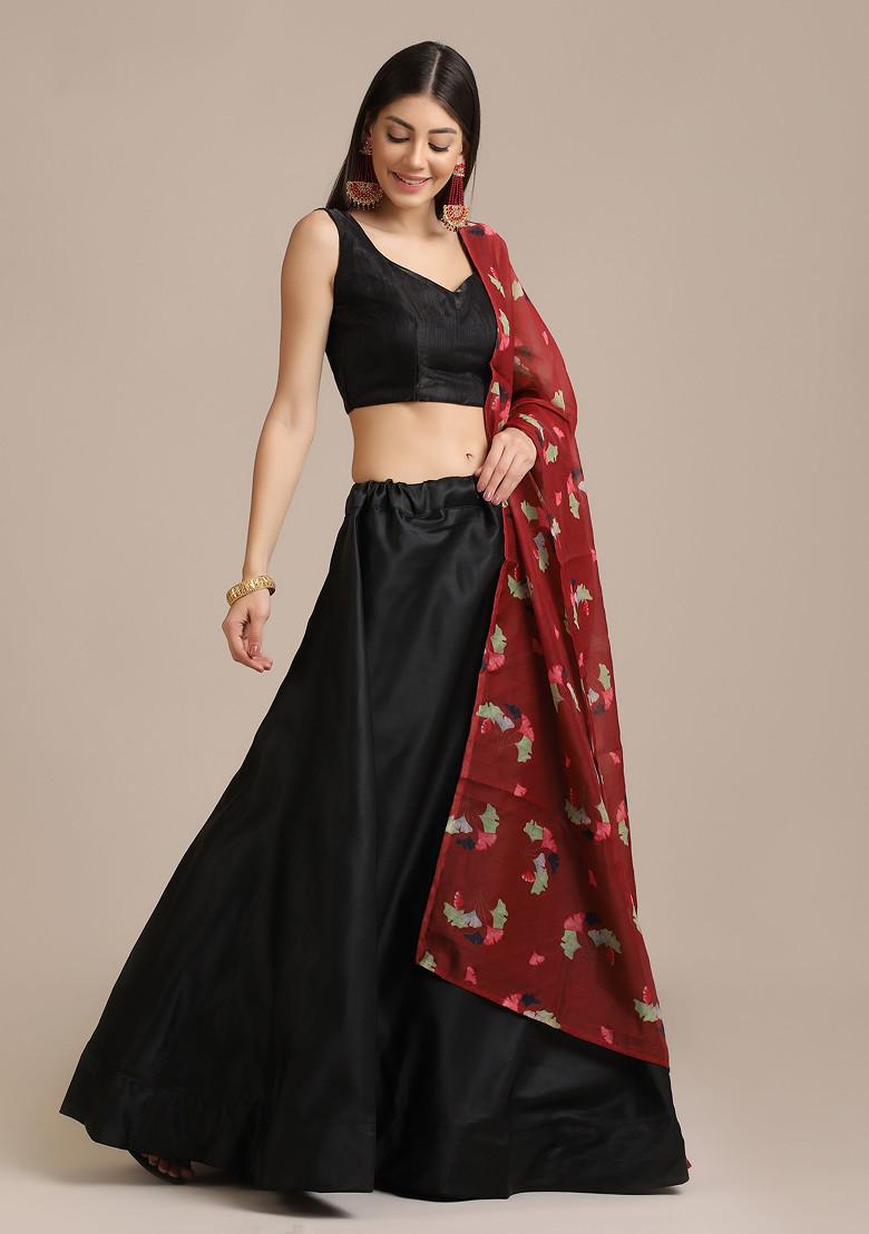 Black Printed Banglory Silk Lehenga Set