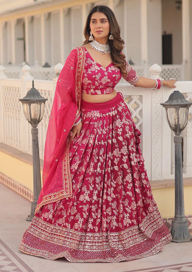 Pink Embroidered Viscose Jacquard Lehenga Set