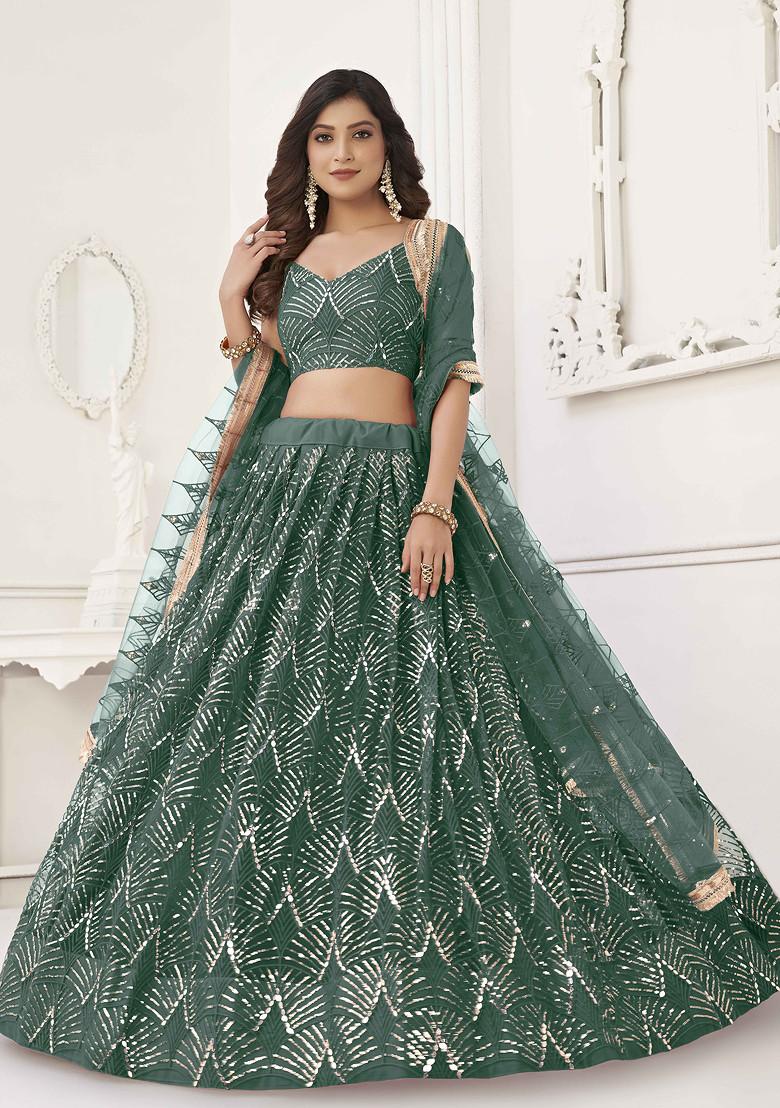 Green Sequin Thread Embroidered Net Lehenga