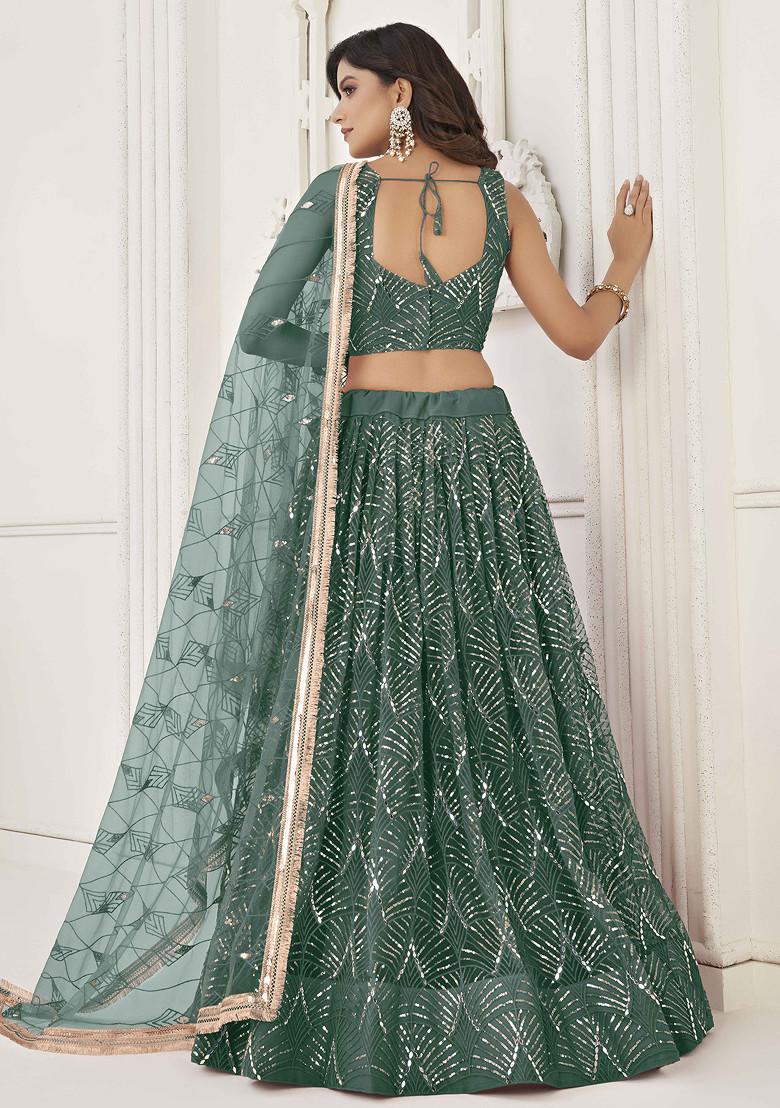 Green Sequin Thread Embroidered Net Lehenga