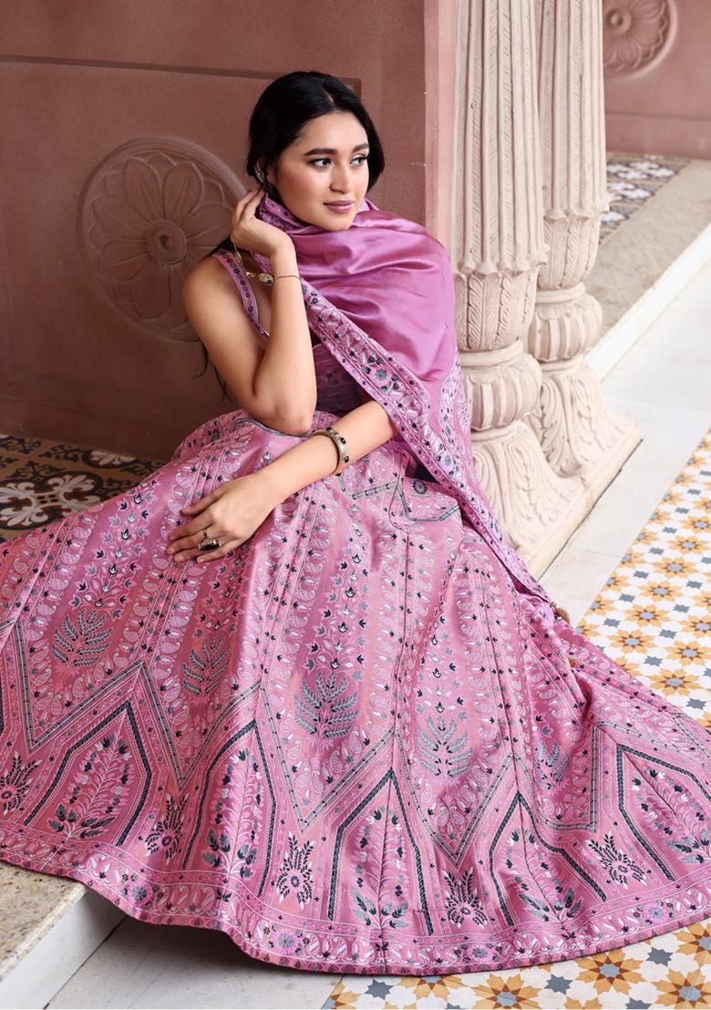 Baby Pink Zari Woven Silk Lehenga Set