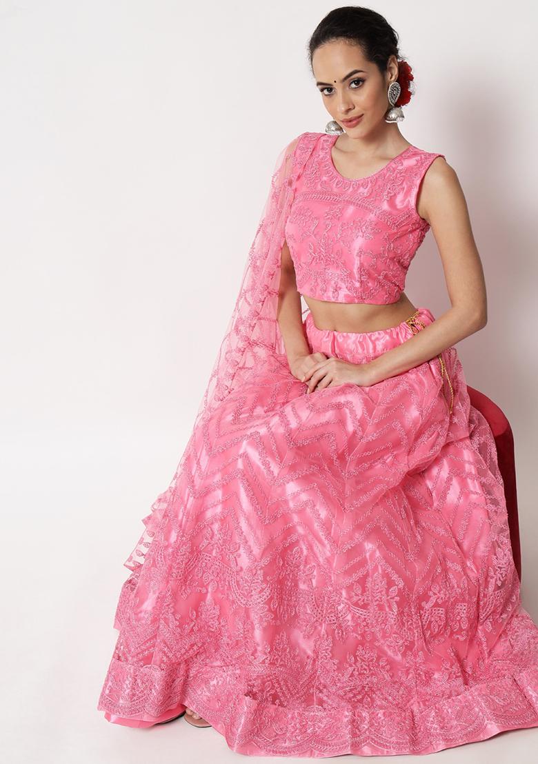 Light Pink Hand Embroidered Net Lehenga Set