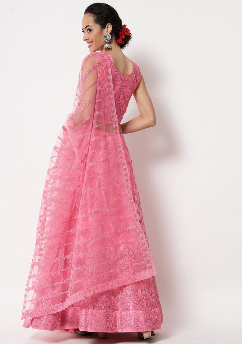 Light Pink Hand Embroidered Net Lehenga Set