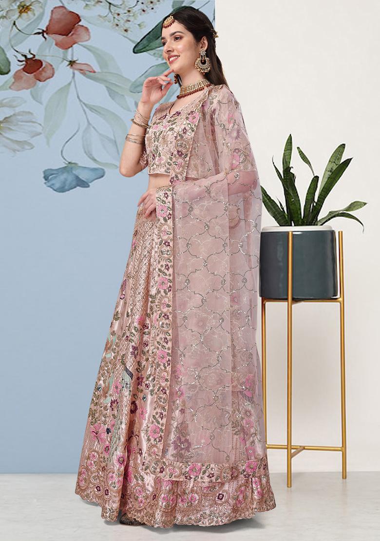 Pink Sequin Embroidered Satin Silk Lehenga Set