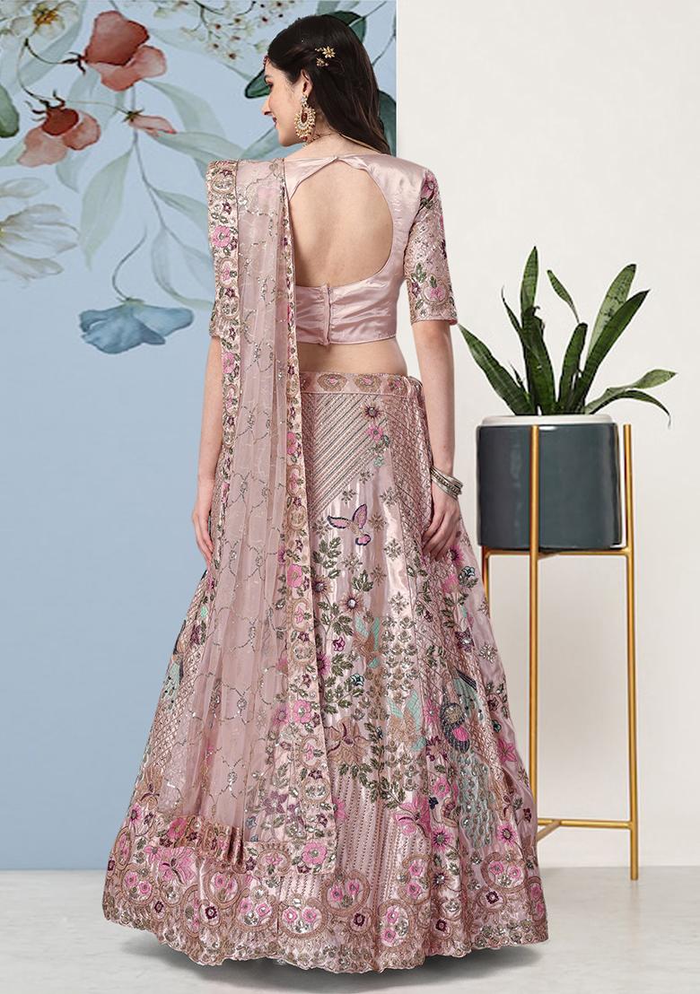 Pink Sequin Embroidered Satin Silk Lehenga Set