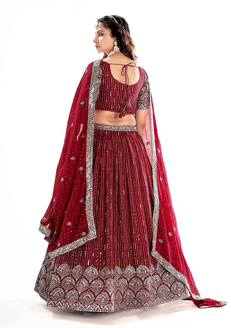 Red Sequin Embroidered Poly Blend Lehenga Set